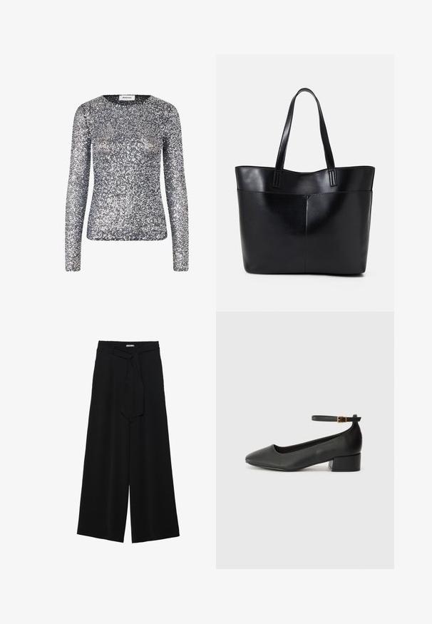 Langsleeve zilveren top met pailletten en een ronde halslijn. De stof is bedekt met kleine, reflecterende pailletten, die een schitterende textuur creëren.; Zwarte wijde broek van textuurstof, met een elastische tailleband en een afneembare sjaalstrik in de taille voor een verstelbare pasvorm.; Zwarte leren pump met een spitse neus en een lage blokhak. Beschikt over een enkelband met een goudkleurige gespsluiting. Gladde textuur.; Zwarte leren tote bag met twee lange handvatten, een zachte textuur en een gestructureerde vorm. Voorzien van een voorvak voor extra opslagruimte.