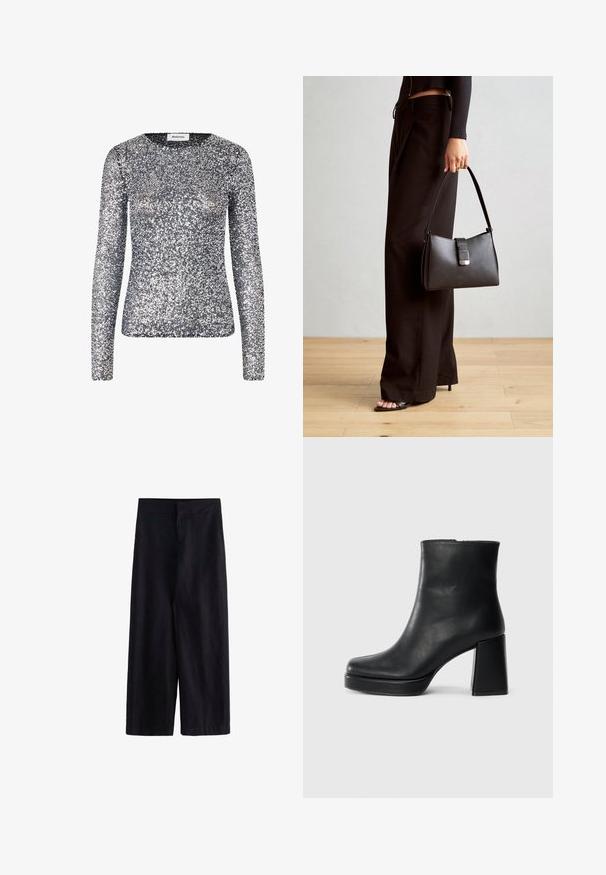 Langärmliges silbernes Oberteil mit Pailletten und rundem Ausschnitt. Der Stoff ist mit kleinen, reflektierenden Pailletten bedeckt, die eine schimmernde Textur erzeugen.; Schwarze weite Hosen aus leichtem Stoff. Mit einem flachen Bund, einem Reißverschluss vorne und Taschen ausgestattet, geeignet für Freizeit- oder formelle Anlässe.; Schwarze Leder-Stiefelette mit Blockabsatz und Plattformsohle, seitlich auf einem schlichten weißen Hintergrund betrachtet.; Schwarze Handtasche mit strukturierter Form, glatter Textur und einem metallischen Verschluss. Kombiniert mit weiten schwarzen Hosen und offenen Sandalen auf einem Holzboden.