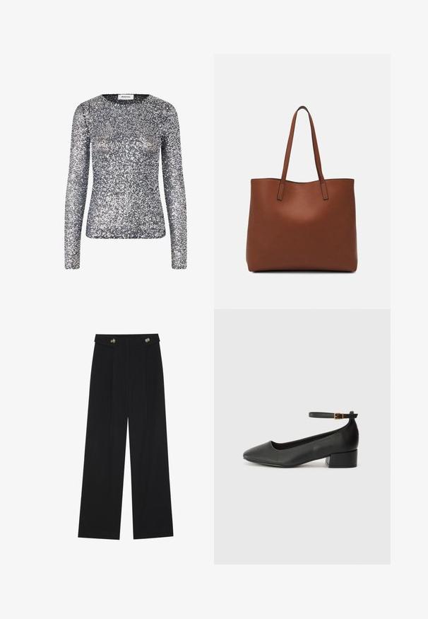 Langermet sølvfarget topp med paljetter og rund hals. Stoffet er dekket av små, reflekterende paljetter som skaper en glitrende tekstur.; Svart vide bukser med høy midje, knappdetaljer på midjebåndet og frontplisser.; Sorte skinnpumper med spiss tå og lav blokkhelt. Har ankelrem med gullfarget spenne. Glatt tekstur.; Brun lær tote veske med en jevn tekstur, åpen toppdesign og to skulderstropper. Har minimal søm og ingen synlige spiker.