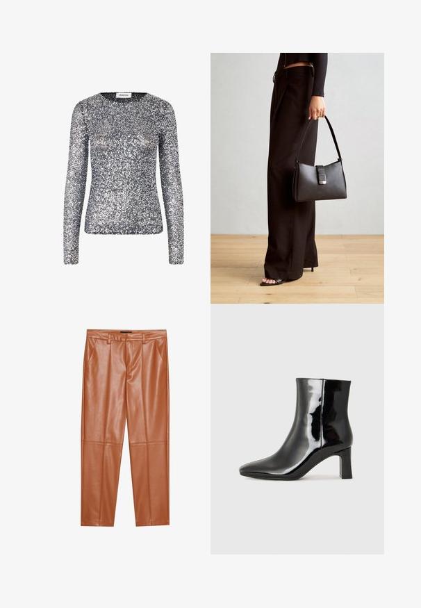 Hosszú ujjú ezüstszínű flitteres felső, kerek nyakkivágással. Az anyag apró, fényvisszaverő flitterekkel van borítva, ami csillogó textúrát kölcsönöz.; Barna műbőr nadrág, testhez simuló fazonnal, elöl pliszírozott részletekkel és egyenes szárakkal. Sima textúra, látható fém részletek vagy díszítések nélkül.; Fekete lakk bőrcipő bokáig érő, hegyes orral és közepes magasságú tömbsarokkal. Simább textúrával és minimalista dizájnnal rendelkezik.; Fekete kézi táska strukturált formával, sima textúrával és fémből készült záródással. Széles fekete nadrággal és nyitott orrú szandállal párosítva, fából készült padlón.