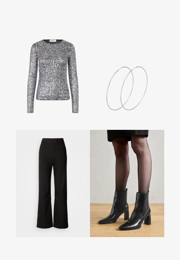 Top a maniche lunghe con paillettes argento e scollatura rotonda. Il tessuto è coperto da piccole paillettes riflettenti, creando una texture luccicante.; Pantaloni neri a gamba larga con texture liscia, vita alta e design semplice. Nessuna tasca visibile o decorazioni.; Stivaletti neri in pelle con punta affusolata, tacco quadrato imponente e design elegante. Dotati di pannelli laterali elasticizzati per una facile vestibilità.; Orecchini a cerchio in argento con un design minimalista. Forma circolare, superficie liscia e profilo sottile. Leggeri con una finitura lucida.