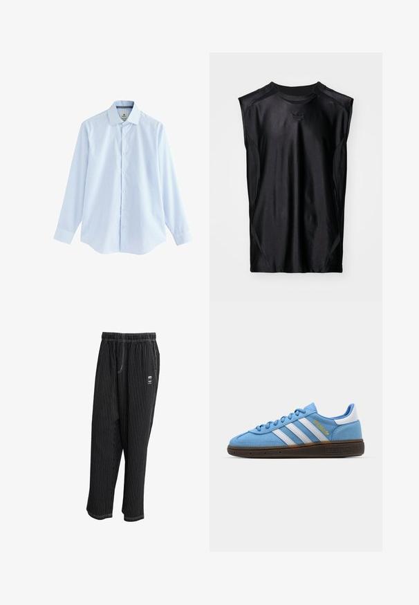 Sinine ruuduline pikkade varrukatega särk, millel on nööbitav krae, valmistatud kergest kangast, valgete nööpidega ja kaardus lõhiku servaga.; Must musta sportlik särk, mis on valmistatud siledast kangast, omab ümmargust kaelust ja kergeid külgdetaili. Ees on väike brändi logo.; Mustrilineeritud mustad püksid elastse vöökohaga, küljetaskute ja väikese logotagiga ees. Kerge kangas sileda tekstuuriga.; Heledad sinised sametist tossud valgete nahkristidega, pruuni tekstureeritud tallaga ja kuldse logo detailiga. Madal disain lõpus ümarate varvastega.