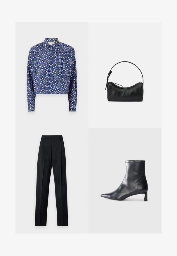 Camisa corta de color azul con un estampado geométrico que presenta círculos entrelazados en tonos beige y negro. Tiene un cierre frontal con botones y mangas largas.; Pantalones negros de tela suave con cintura alta, piernas amplias, pliegues frontales y lazos de cinturón clásicos. No hay bolsillos laterales visibles.; Botín de cuero negro hasta el tobillo con punta afilada y un diseño elegante. Presenta un tacón bajo y un cierre con cremallera en la parte trasera. Textura suave.; Bolso de hombro de cuero negro con un diseño curvado, cierre de cremallera y una correa delgada. Presenta una textura suave y detalles de costura sutiles.