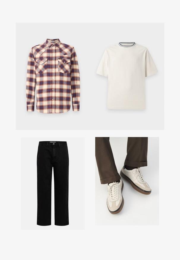 Flanellskjorte i krem, blå og rød rutete mønster. Har spiss krage, to brystlommer og trykknaplukking. Myk tekstur.; Kremfarget bomulls T-skjorte med korte ermer, med rund halskant pyntet med marineblå og hvite striper. Glatt tekstur, avslappet passform.; Svarte denimbukser med rett benkutt, klassisk fem-lomme design og knappelukking i livet. Glatt tekstur og slitesterkt stoff.; Beige sneakers med teksturert semsket front, glatte skinnsider og en brun gummisåle. Snører og lys syddetalj inkludert.