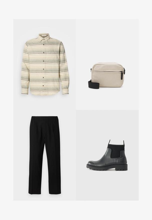 Langue mouwen overhemd, beige met groene en grijze strepen. Heeft een borstzak en bruine knopen. Gemaakt van een textuurstof.; Zwarte broeken van een gladde stof, met een elastische tailleband, recht model en twee plooien aan de voorkant voor extra detail.; Zwarte enkelboots van rubber met een matte afwerking, voorzien van een slank ontwerp, elastische panelen en een chunky zool voor grip.; Crème-kleurige corduroy schoudertas met een zwarte rits, afneembare schouderband en een gestructureerd patroon. Bevat één hoofdcompartiment en een voorvak.