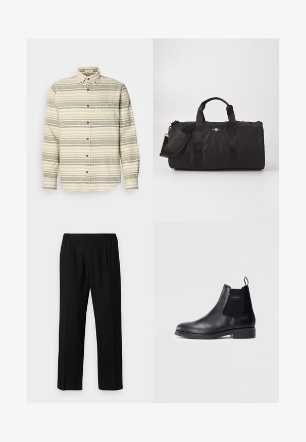 Langue mouwen overhemd, beige met groene en grijze strepen. Heeft een borstzak en bruine knopen. Gemaakt van een textuurstof.; Zwarte broeken van een gladde stof, met een elastische tailleband, recht model en twee plooien aan de voorkant voor extra detail.; Zwarte leren Chelsea-boot met elastische zijpanelen, lage hak, trekknoop op de hak en GANT-logo op het buitenpaneel.; Zwarte sporttas gemaakt van duurzame stof, met twee handvatten bovenaan, een verstelbare schouderband en een logo-detail aan de voorkant.