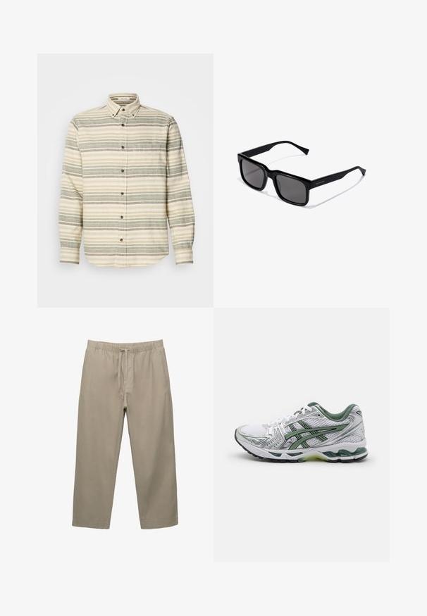 Srajca z dolgimi rokavi, bež z zelenimi in sivimi črtami. Vključuje žep na prsih in rjave gumbe. Narejena iz strukturirane tkanine.; Bež bombažne hlače z elastičnim pasom in nastavljivo vrvico. Neposredna zasnova z stranskimi žepi in gladko teksturo.; Bele teniške za tek v beli barvi z srebrnimi detajli, zelenim mrežastim ovratnikom in zelenimi črtami. Imajo teksturirano mrežasto zgornji del in oblazinjeno podplat.; Črne pravokotne sončne očala s temnimi lečami; lesketajoč plastičen okvir s ravnimi nosilci in subtilnim logotipom na strani.; Srebrna ura iz nerjavečega jekla z okroglo belo številčnico, črnim taksimetrskim obročem, zelenimi poudarki in paščkom iz kovinskih povezav.