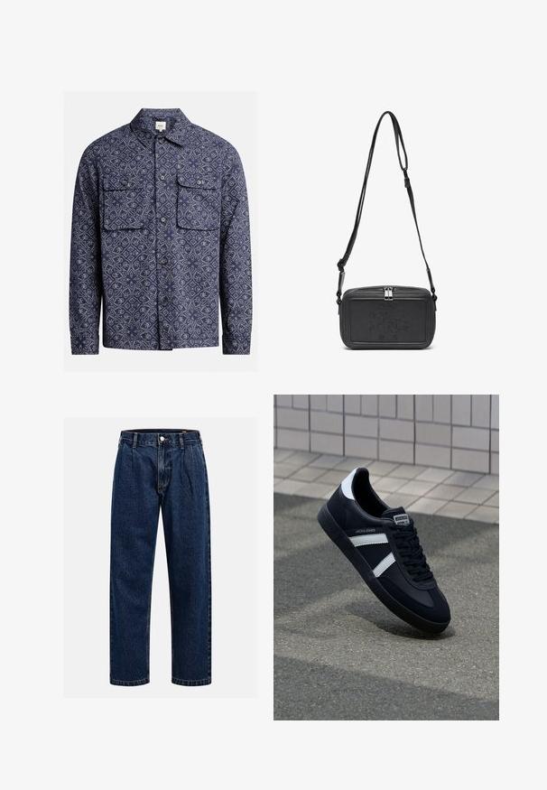 Redefined Rebel BRYANT OVERSHIRT REGULAR FIT - Camicia - sky captain; Jeans in denim blu scuro con design a gamba dritta. Presentano cuciture visibili, una chiusura con bottone e pieghe frontali per un tocco di dettaglio in più.; Sneaker neri in pelle con strisce bianche, suola in gomma texturizzata e allacciatura frontale. Presenta un'etichetta con il marchio sulla linguetta.; Borsa a tracolla nera in pelle con chiusura zip, logo impresso sul davanti e tracolla regolabile. Texture liscia con forma rettangolare.