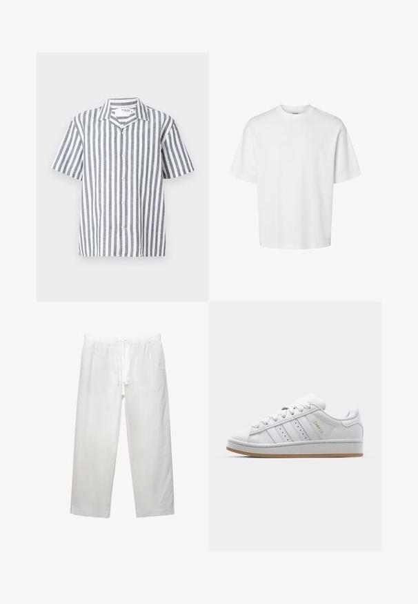 Vászon rövid ujjú ing szürke és fehér függőleges csíkokkal, gombos elülső résszel és hegyes gallérral. Könnyű anyag sima felülettel.; Fehér pamut póló rövid ujjakkal, kerek nyakkivágással és laza szabással. Simább textúra, látható minták vagy kiegészítők nélkül.; Fehér vászon nadrág, amely rugalmas derékpánttal és húzózsinórral rendelkezik, széles szárú kialakítással és tiszta varrásokkal. Simogató textúra, laza illeszkedés.; Fehér sneaker perforált háromsávos dizájnnal, texturált akcentusokkal, gumitalppal és arany "CAMPUS" logóval az oldalon.