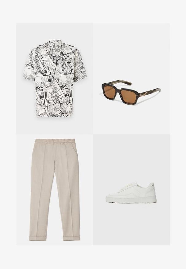 Īsām piedurknēm krekls, izgatavots no viegla auduma, ar melnbaltu komiksu apdruku, kurā ir dažādi paneļi un runājošās burbuļi.; Filippa K TERRY CROPPED TROUSERS - Auduma bikses - sage melange; Baltas ādas sneakers ar gludu virsmu, apaļu pirkstu daļu, plakaniem šņorēm un teksturētu zoli. Satur diskrētu logotipu uz papēža.; Plastmasas saulesbrilles ar bruņurupuču rakstu, oktagona formas brūnas lēcas un plānas zelta detaļas rāmī.