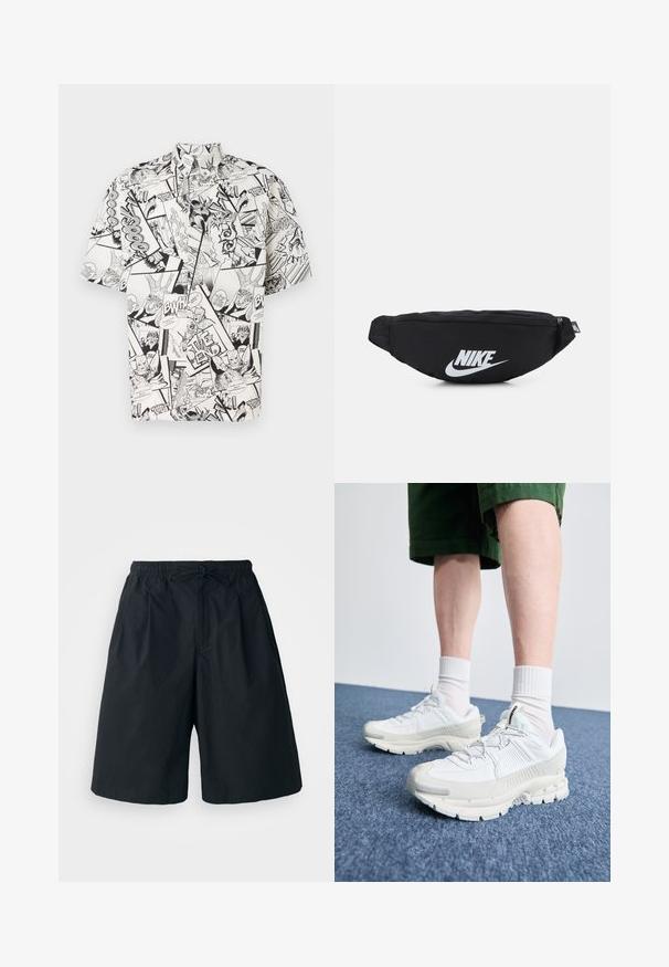 Tričko s krátkym rukávom vyrobené z ľahkej tkaniny, s čierno-bielou komiksovou potlačou obsahujúcou rôzne panely a rečové bubliny.; Čierne šortky s elastickým pásom a nastaviteľným šnúrkovým uzáverom. Vyrobené z hladkej tkaniny, s voľným strihom a bez viditeľných vzorov.; Biele športové topánky s textúrovanými prešívaniami, robustnou podrážkou a sivými akcentami. Nosené s bielymi ponožkami po členky a zelenými šortkami na modrom povrchu.; Čierny nylonový ledvinkový batoh so zipsovým uzáverom, s veľkým bielym logom Nike. Hladký povrch a ergonomický dizajn pre pohodlné nosenie.