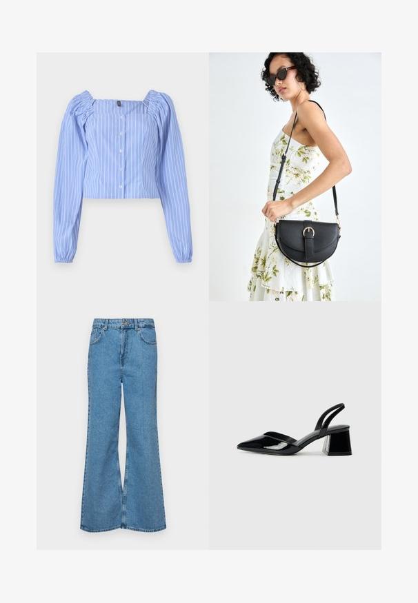 Svetlomodrá skrátená košeľa s bielymi vertikálnymi prúžkami, štvorcovým výstrihom, dlhými puff rukávmi a zapínaním na gombíky. Vyrobená z mäkkej tkaniny.; Svetlomodré rozšírené džínsy vyrobené z denimu, s vysokým pásom, piatimi vreckami a jednopoložkovým zapínaním na gombík. Mäkká textúra s vyblednutým povrchom.; Čierne lakované kožené sandálové podpätky s špicatou špičkou a geometrickým blokovým podpätkom. Disponujú elegantným, minimalistickým dizajnom a hladkým povrchom.; Čierna kožená kabelka s zaobleným tvarom, odnímateľným popruhom a zlatými doplnkami. Kabelka má klopu s detailom s prackou.