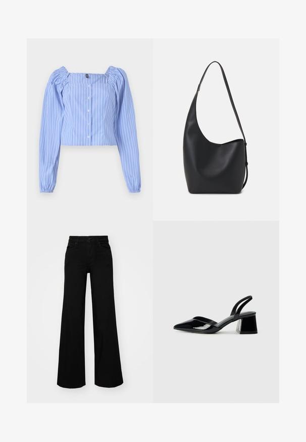 Lys blå kortermet skjorte med hvite vertikale striper, firkantet utringing, lange pufferm og knappestolpe foran. Laget av mykt stoff.; Svart vide bukser laget av denim, med en strukturert midjebånd, beltestropper og frontlommer. Glatt tekstur med et klassisk design.; Svarte patentlær slingback hæler med spiss tå og geometrisk blokk hæl. Har et stilrent, minimalistisk design og jevn tekstur.; Svart lær hobo-veske med glatt tekstur, buet form og enkelt justerbart stropp; har en bred åpning på toppen.