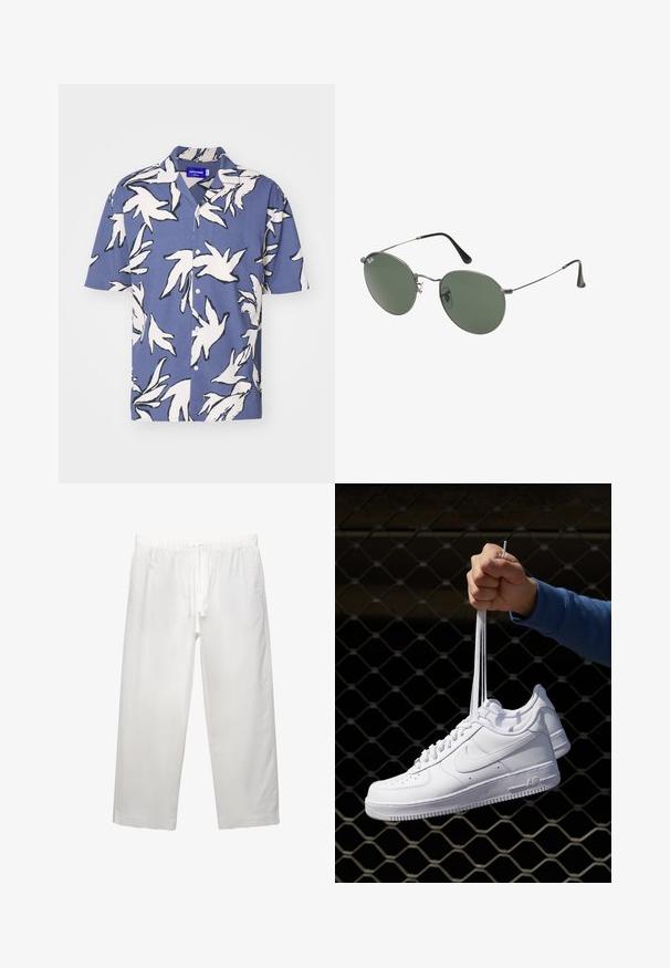 Jack & Jones JORJEFF - Cămașă - night shadow blue; Top din bumbac alb, cu decolteu rotund, bretele late și margine dreaptă, având o textură fină și fără modele vizibile.; Pantaloni albi din in, cu talie elastică și șnur, design cu picior larg și cusături curate. Textură netedă cu o croială casual.; Adidași albaștri din piele cu perforații, vârf rotund, talpă plată și șireturi groase, cu un logo swoosh vizibil și cu inscripția "AIR" pe toc.; Ochelari de soare cu ramă metalică, dotati cu lentile ovale verzi. Ramă subțire din metal argintiu și ușițe negre. Design minimalist, fără logo-uri vizibile.