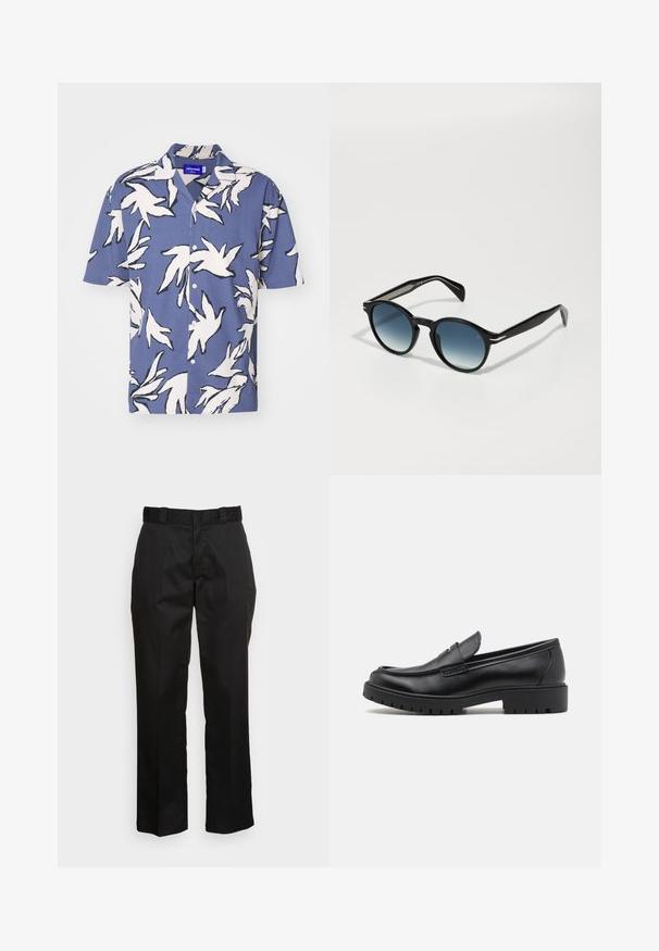 Jack & Jones JORJEFF - Vapaa-ajan kauluspaita - night shadow blue; Valkoinen puuvillapaita lyhyillä hihoilla, pyöreällä kaula-aukolta ja rentoa istuvuutta. Sujuva pinta ilman näkyviä kuvioita tai korostuksia.; Mustat housut, jotka on valmistettu sileästä kankaasta, suoran lahkeen muotoilu, vyölenkit ja kaksi sivutaskua. Klassinen ilme ilman koristeita.; Mustat nahkakengät, joissa on pyöreä varvas, kenkien helposti liukuvat mallit ja paksu kumipohja, jossa on teksturoitu pito. Korotettu kanta ja hillityt ompeluyksityiskohdat.; Mustat aurinkolasit, joissa on soikea muoto, liukuväriset siniset linssit ja virtaviivaiset sankat, joissa on erottuvat hopeiset yksityiskohdat. Sujuva pinta kaikissa kohdissa.; Metallinen kvartsikello mustalla kellotaululla, valkoisilla numeroilla ja päivämääränäytöllä. Varustettu ruostumattomasta teräksestä valmistetulla rannekkeella ja vedenkestävyydellä 100 metriin.