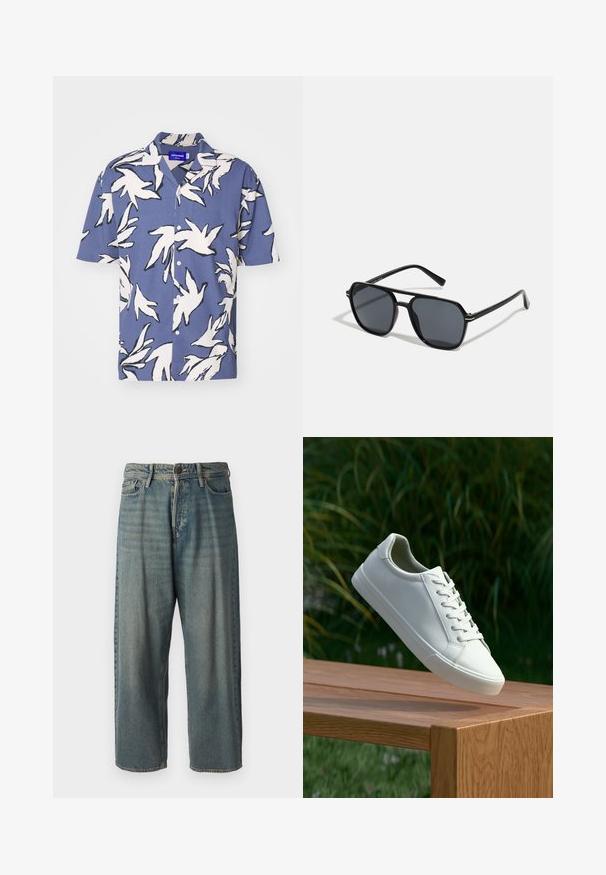 Jack & Jones JORJEFF - Camicia - night shadow blue; Jeans di denim azzurro chiaro con vestibilità ampia, vita media e gambe dritte. Presenta cinque tasche, passanti per cintura e chiusura con bottone.; Sneaker bianco con lacci sospeso sopra una panchina di legno, con fogliame verde sullo sfondo, che mette in mostra il design e la texture della scarpa.; Occhiali da sole neri con montatura ottagonale, lenti scure, finitura lucida, aste sottili e dettagli dorati sul davanti.