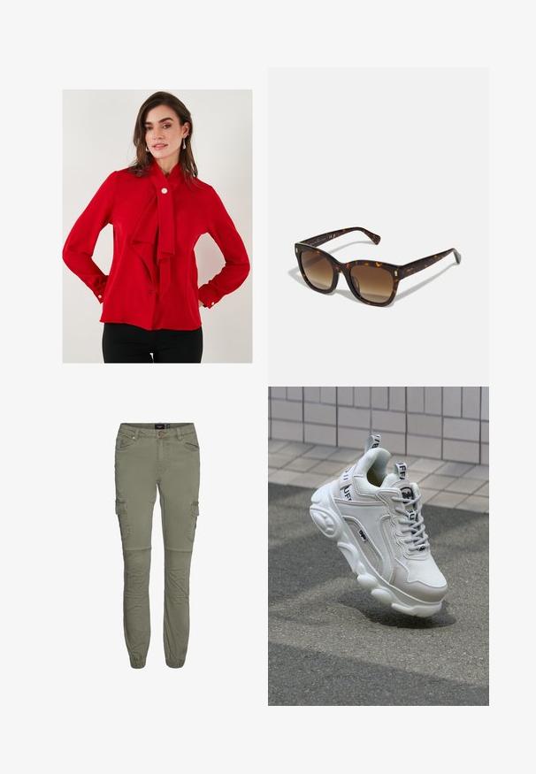Rdeča bluza iz gladkega materiala z zavezanim vozelom na ovratniku, dolgimi rokavi z gumbastimi manšetami in enim gumbom za zapiranje na vratu.; Dve bele kratke majice s kratkimi rokavi in krožnim izrezom, narejene iz gladkega materiala, s prilegajočim dizajnom in brez vidnih vzorcev ali dodatkov.; Olive zelene cargo hlače iz vzdržljive mešanice bombaža s ožjimi manšetami, več džepi in pregibi na kolenih za dodatno gibljivost.; Bela superga z mrežastim in usnjenim materialom, zaobljenim nosom, debelim podplatom, opaznimi vezalkami ter blagovno znamko na peti in jeziku.; Sončniki v tortoščnem vzorcu s kvadratnim okvirjem in gradientnimi rjavimi lečami, katere krasijo zlati detajli na ročajih ter debel, sijoč okvir.