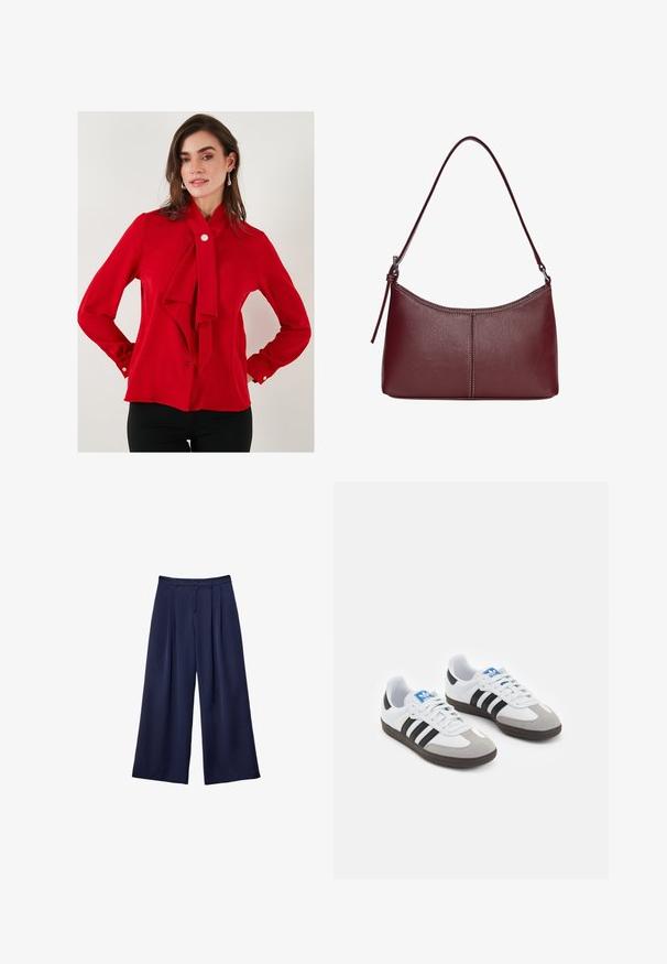 Red blouse made of smooth fabric featuring a tied bow at the collar, long sleeves with buttoned cuffs, and a single button closure at the neck.; Navy blue wide-leg trousers with pleats, buttoned waistband, and belt loops, shown flat on a white background.; Sport shoes with a white leather upper, gray suede toe, and three black stripes. Features a blue logo on the tongue and a textured rubber sole.; Maroon leather handbag with a curved shape, a single shoulder strap, and stitched detailing at the center. Smooth texture, minimal hardware.
