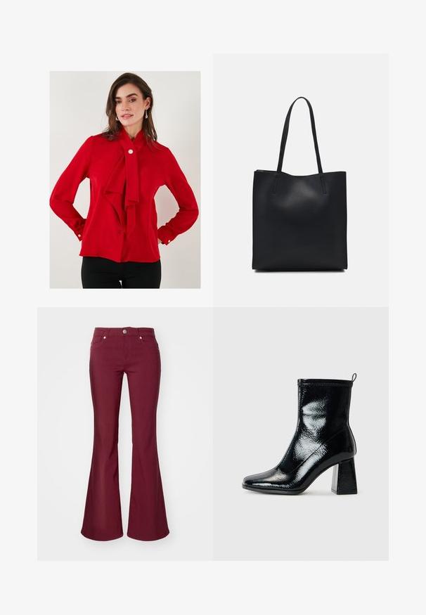 Červená blůza vyrobená z hladké látky, s uvázanou mašlí na krku, dlouhými rukávy s knoflíkovými manžetami a jedním knoflíkem na zapínání u krku.; Burgundy zvonové džíny s hladkým povrchem, pěti kapsami a knoflíkovým zapínáním v pase. Mají přiléhavý pas a široké nohavice.; Černé lakované kotníkové boty se čtveratou špičkou a masivním geometrickým podpatkem. Disponují hladkým, lesklým vzhledem a zadním poutkem pro snadné obutí.; Černá kožená taška přes rameno s hladkým povrchem, obdélníkovým tvarem a dvěma dlouhými uchy. Žádné viditelné kování ani ozdoby.