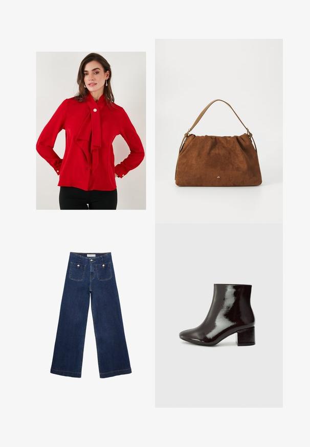 Czerwona bluzka z gładkiego materiału z przewiązanym kokardą przy kołnierzy, długimi rękawami z zapięciem na guzik oraz pojedynczym zapięciem na guzik na szyi.; Ciemnoniebieskie jeansy typu wide-leg wykonane z denimu, z dwoma przednimi kieszeniami z dekoracyjnymi guzikami i prostym wykończeniem nogawek.; Czarne lakierowane botki za kostkę z szpiczastym noskiem i grubym obcasem. Gładka tekstura z subtelnym połyskiem i prostymi liniami, minimalistyczny design.; Brązowa torebka z zamszu o marszczonym wzorze, z pojedynczym paskiem w kolorze tan i subtelnym złotym logo z przodu.
