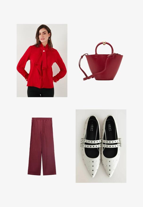 Rød bluse lavet af glat stof med en bundet sløjfe ved kraven, lange ærmer med knappede manchetter og en enkelt knaplukning ved halsen.; Bordeaux brede bukser lavet af blødt stof, med elastisk talje, to sidelommer og en afslappet silhuet.; Hvide læder flade sko med spidse tæer, dekoreret med sølvnitter og to spænder over vristen. Sort indvendig foring.; Rød læderhåndtaske med en afrundet top, struktureret kegleform, en kort håndtag og en aftagelig skulderrem. Har gyldne hardware-detaljer.