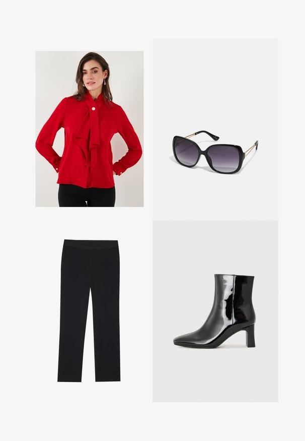 Red blouse made of smooth fabric featuring a tied bow at the collar, long sleeves with buttoned cuffs, and a single button closure at the neck.; Black trousers with a straight leg design, featuring side pockets and a smooth fabric texture. Minimal detailing, clean waistband.; Black patent leather ankle boot with a pointed toe and a mid-height block heel. Smooth texture and minimalist design.; Black oversized sunglasses with gradient lenses, thick frames, and gold-tone chain detailing on the temple arms.; Black handbag with structured shape, smooth texture, and a metallic clasp. Paired with wide black pants and open-toe sandals on wooden floor.