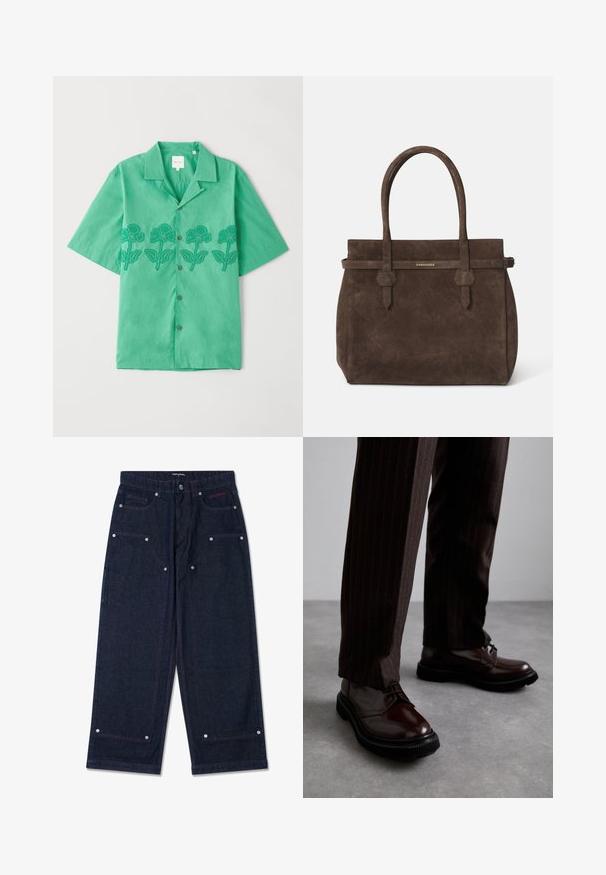 Korte mouwen groene shirt van zachte stof, voorzien van bloemenborduursels in donkergroen aan de voorkant, knoopsluiting en klassieke kraag.; Witte katoenen mouwloze tanktop met een ronde halslijn, met een gladde textuur en een aansluitende pasvorm, ontworpen voor casual gebruik.; Donkerdenim wijdvallende broek met twee voorkruiszakken, zilveren hardware details en contrasterende rode stitching. Voorzien van een knoopsluiting en merkembleem.; Bruine leren veterschoenen met een glanzende afwerking, zwarte rubberen zool en subtiele stiksels. Draag ze met bruin gestreepte broek.; Donkerbruin suède tote bag met dubbele handvatten en een horizontale strap met een klein gouden DSQUARED2 logo plaatje.