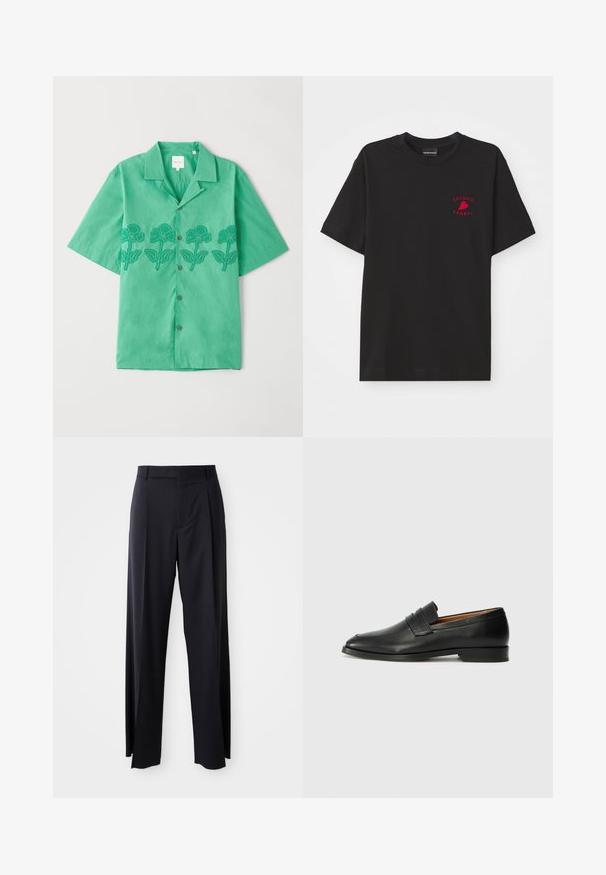Camicia verde a maniche corte realizzata in tessuto morbido, con ricami floreali in verde scuro sulla parte anteriore, chiusura con bottoni e colletto classico.; T-shirt nera in cotone con colletto rotondo e maniche corte; presenta un logo ricamato rosso "Emporio Armani" e un cuore nella zona del petto.; Pantaloni neri a vita alta con gamba larga, realizzati in tessuto liscio. Presentano pieghe frontali e passanti per cintura. Design minimalista, senza hardware visibile.; Mocassino in pelle nera con punta arrotondata, dettagli cuciti sottili e tacco basso, caratterizzato da una texture liscia e un design minimalista.