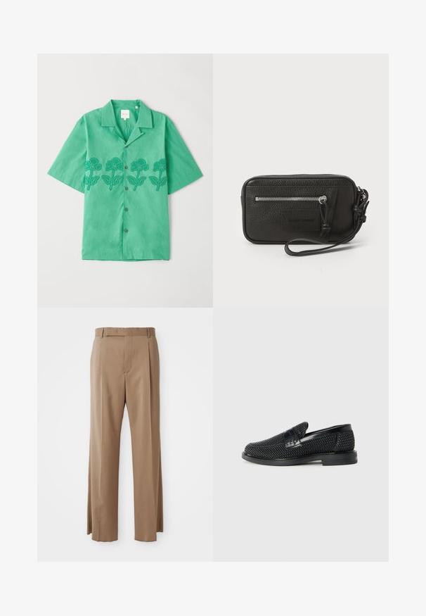 Kurzärmliges grünes Hemd aus weichem Stoff, mit dunkelgrüner floralem Stickerei auf der Vorderseite, Knopfverschluss und klassischem Kragen.; Hellbraune, maßgeschneiderte Hosen mit geraden Beinen, Gürtelschlaufen, vorderem Naht und verdecktem Verschluss, flach auf weißem Hintergrund dargestellt.; Schwarzer geflochtener Slipper mit einem glatten Lederakzent im Obermaterial, einem runden Zehendesign und einer flachen Gummisohle.; Schwarze Leder-Clutch mit strukturiertem Oberflächen, Vorderseite mit Reißverschlusstasche und abnehmbarem Handgelenkriemen. Fällt durch ein Logo-Patch auf der Vorderseite auf. Rechteckige Form.