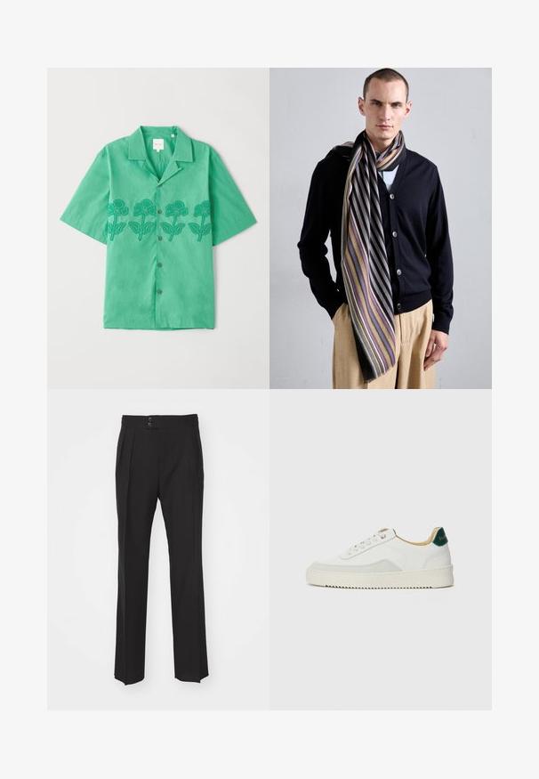 Zelená krátkopytová košeľa z jemnej látky, s kvetinovou výšivkou v tmavozelenej farbe na prednej strane, gombíkovým uzatváraním a klasickým golierom.; Čierne elegantné nohavice s rovnými nohavicami, dvoma prednými vreckami a dvojitým zapínaním na páse. Hladká textúra materiálu.; Biele tenisky s semišovými akcentmi, zaoblenou špičkou, plochými šnúrkami a krémovou gumovou podrážkou. Na päte sú zelené značky.; Čierny kardigán s predným zapínaním na gombíky, skombinovaný so pruhovaným šálom v odvážnych farbách a vzoroch, nosený ležérne cez svetlú košeľu a béžové nohavice.