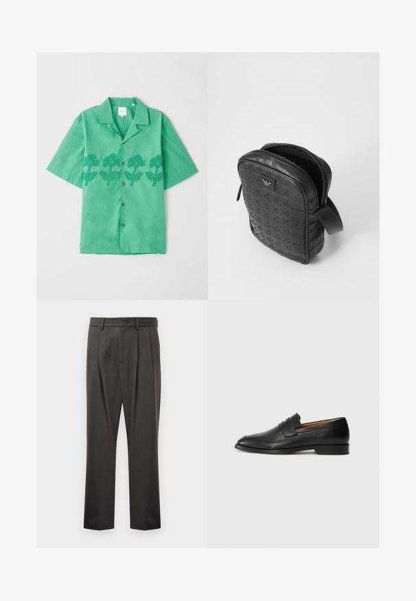 Kortærmet grøn skjorte lavet af blødt stof, med blomsterbroderi i mørkegrøn over forsiden, knaplukning og klassisk krave.; Mørkegrå bukser lavet af struktureret stof, med flad front, plisseringer, lige ben og bæltestropper. Ingen synlig hardware eller mønstre.; Sort læder loafer med rund tå, diskret syning, og lav hæl, der har en glat tekstur og minimalistisk design.; Sort, tekstureret lædertaske med et geometrisk mønster, rektangulær form, toplynlås og et kort håndtag. Har et logo-patch på forsiden.