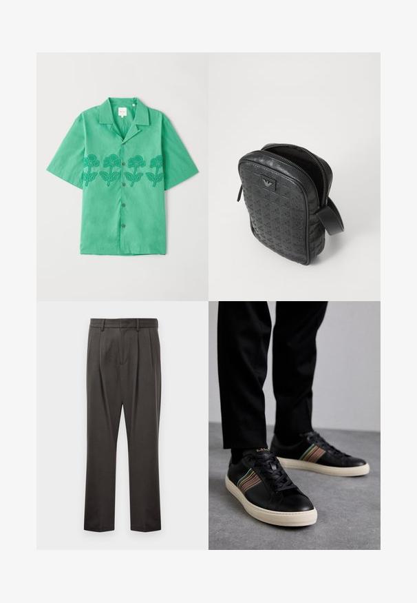 Short-sleeve green shirt made of soft fabric, featuring floral embroidery in dark green across the front, button closure, and classic collar.; Dark gray trousers made from textured fabric, featuring a flat front, pleats, straight legs, and belt loops. No visible hardware or patterns.; Black leather sneakers with multicolored striped accents, round toe, and white rubber soles, featuring lace-up design and embossed branding.; Black, textured leather bag with a geometric pattern, rectangular shape, top zipper, and a short handle. Features a logo patch on the front.
