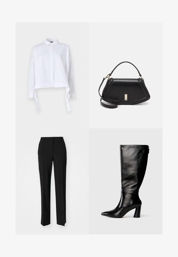 Weißes, kurz geschnittenes Button-Up-Hemd aus glatter Stoffqualität, mit langen Ärmeln, einem Kentkragen und Bindebändern an den Manschetten.; Schwarze, taillierte Hose mit geradem Bein, aus einem glatten Stoff und mit klaren Falten an der Vorderseite. Keine sichtbare Hardware.; Knöchelhohe schwarze Lederstiefel mit einer spitzen Zehe, glatter Oberfläche und einem klobigen Absatz. Verfügt über einen Reißverschluss hinten.; Schwarze Lederhandtasche mit einem strukturierten Design, das eine verkürzte Form, einen oberen Griff und goldfarbene Hardware-Details aufweist. Verstellbarer Schulterriemen ist enthalten.