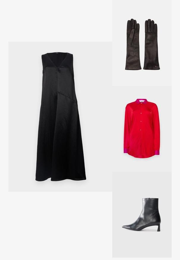 Piros, hosszú ujjú ing sima anyagból, kontrasztos rózsaszín gallérral és mandzsettákkal, gombos elülső résszel és laza szabással.; Fekete ujjatlan ruha V-kivágással, sima anyagból készült, laza szabású és aszimmetrikus szegéllyel rendelkezik. Finom fénylesés látható rajta.; Fekete bőr bokacsizma hegyes orral és letisztult dizájnnal. Alacsony sarka és hátsó cipzáras záródása van. Simának tűnő textúra.; Weekend Max Mara SENAPE - Kesztyűk - nero; Weekend Max Mara SENAPE - Kesztyűk - nero