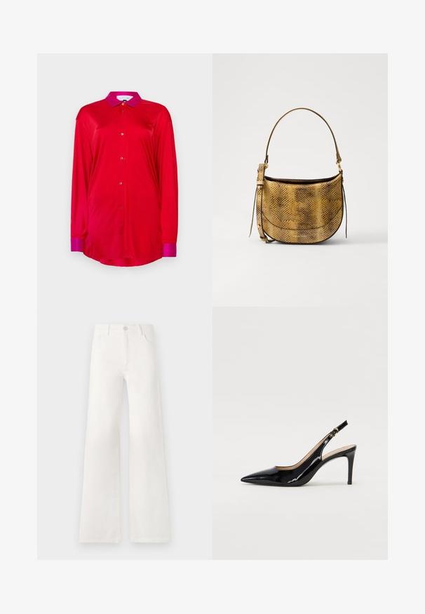 Czerwona koszula z długim rękawem z gładkiego materiału, z kontrastującym różowym kołnierzykiem i mankietami, z zapięciem na guziki z przodu i luźnym krojem.; Białe dżinsy z wysokim stanem i szerokimi nogawkami. Wykonane z denimu. Posiadają zapięcie na guzik, dwie kieszenie z przodu oraz boczne szwy ze szczegółami w postaci przeszyć.; Czarne lakierowane szpilki typu slingback z szpiczastym noskiem, smukłym obcasem i subtelnym wycięciem. Posiadają złotą klamrę na pasku.; Vanessa Bruno - Torba na ramię
