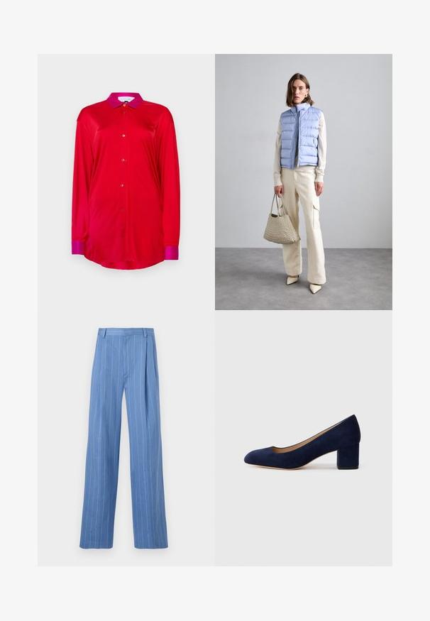 Red long-sleeve shirt in smooth fabric with a contrasting pink collar and cuffs, featuring a button-down front and a relaxed fit.; Light blue wide-leg trousers with vertical white stripes. Made of smooth material, featuring a front pleat and a clean waistband design.; Navy blue suede pump with a pointed toe and a mid-height block heel. Smooth texture with a subtle sheen and a small cutout at the front.; DRAGON DIFFUSION SANTA CROCE BIG - Handbag - pearl
