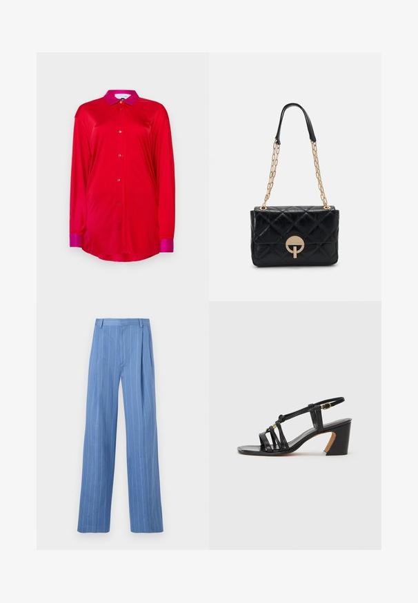 Camicia rossa a maniche lunghe in tessuto morbido con colletto e polsini rosa a contrasto, caratterizzata da una chiusura frontale con bottoni e una vestibilità rilassata.; Pantaloni a gamba larga blu chiaro con strisce bianche verticali. Realizzati in materiale morbido, presentano una piega frontale e un design della vita pulito.; Paul Smith AMIRA - Decolleté - black; Borsa a tracolla nera in pelle trapuntata con una catena dorata, caratterizzata da un dettaglio a chiusura circolare. Forma rettangolare compatta con una texture liscia.