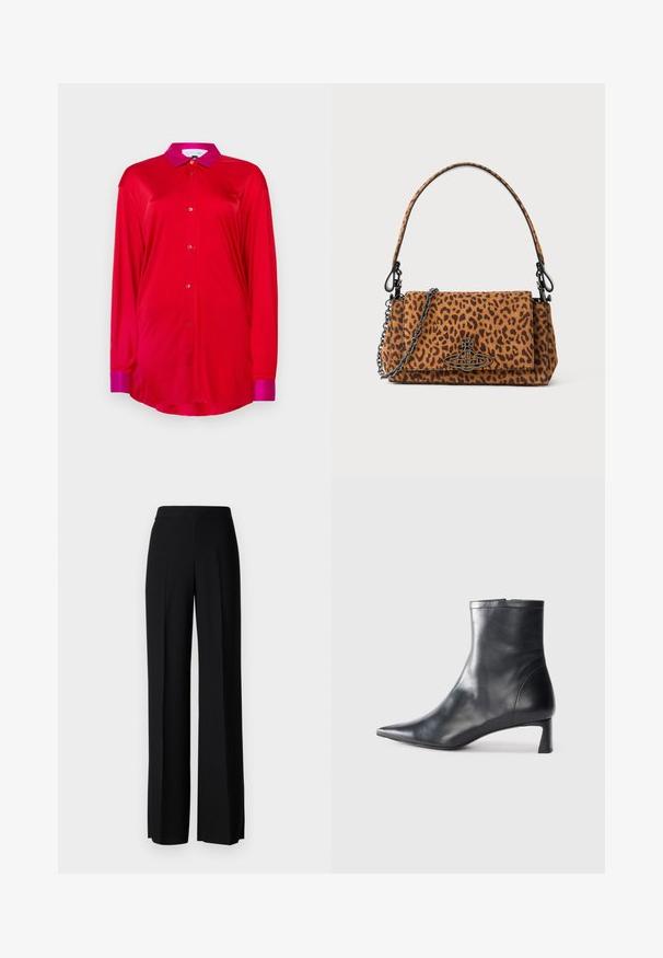 Červená polokošeľa s dlhým rukávom z hladkého materiálu, s kontrastným ružovým golierom a manžetami, s gombíkovou légou a voľným strihom.; Čierne široké nohavice s hladkým povrchom, s vysokým pásom a stredovými skladmi. Žiadne viditeľné vzory ani hardvérové detaily.; Čierne kožené členkové topánky s špicatou špičkou a elegantným dizajnom. Majú nízky podpätok a zips na zadnej strane. Hladká textúra.; Listová taška s leopardím vzorom vyrobená z semišu, má krátku rukoť, reťazový popruh a čierny kovový uzáver. Má obdĺžnikový tvar a uzatváranie na klapku.; Weekend Max Mara SENAPE - Rukavice - nero