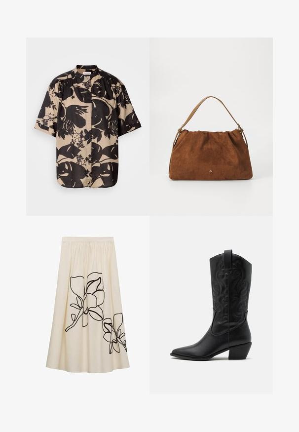 Kurzarmhemd in Beige mit großem schwarzem Blumenmuster, ausgestattet mit einem Stehkragen und gefältelten Details an den Schultern.; Asymmetrisches cremefarbenes Oberteil mit einem einzigen Träger. Mit schwarz floralem Stickerei auf der Schulter. Glatte Stoffqualität mit taillierter Passform.; Cremefarbener Rock mit schwarzer Blumenstickerei, ausgestattet mit einem gerafften Bund und fließendem Design, aus einem leichten Stoff gefertigt.; Schwarze Leder-Cowboy-Stiefel mit spitzem Zeh, geprägten, wirbelnden Mustern und einem mittelhohen Absatz. Mit einem Zuglasche für einfaches An- und Ausziehen.; Braune Wildlederhandtasche mit einem gerafften Design, ausgestattet mit einem einzelnen hellbraunen Ledertragegurt und einem subtilen goldenen Logo-Detail auf der Vorderseite.