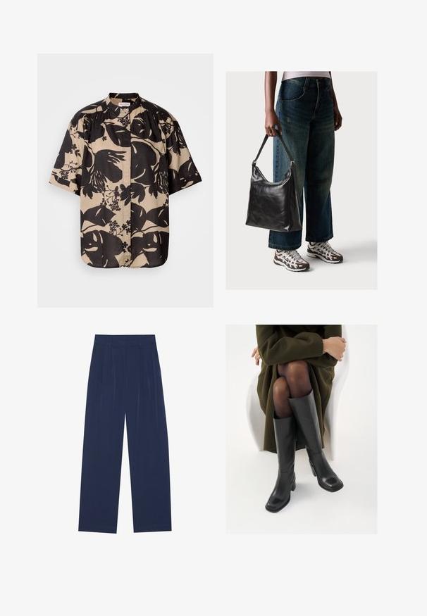 Béžová košeľa s krátkym rukávom a veľkým čiernym kvetinovým vzorom, s piedestálovým golierom a skladaním na pleciach.; Námornícky modré nohavice s širokými nohavicami vyrobené z mäkkej tkaniny, s prednými skladmi, hladkou štruktúrou a rovnými siluetami bez viditeľných vreciek.; Čierne kožené čižmy po kolená so štvrtým prstom a blokovým opätkom, zobrazené s modelom sediacim v olivovo zelenej bunde. Hladká textúra, minimálne detaily.; Čierna kožená taška cez rameno s hladkou textúrou a nastaviteľným popruhom, skombinovaná s vyblednutými širokými džínsy a športovými teniskami.