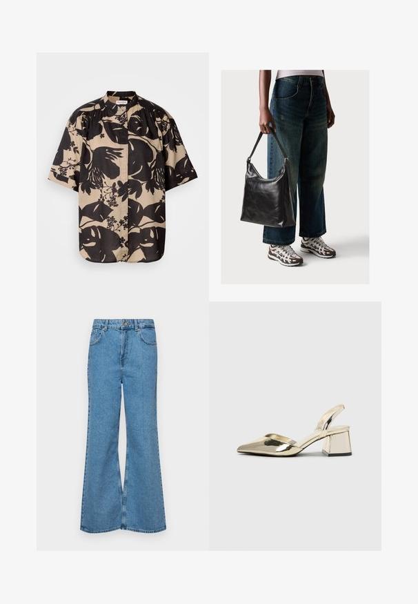 Šviesiai rudos spalvos trumpomis rankovėmis marškiniai su dideliu juodu gėlių raštu, su statiniu apykakle ir raukšlėtu dizainu ant pečių.; Šviesiai mėlynos flared džinsai, pagaminti iš džinsinio audinio, su aukštu liemeniu, penkiomis kišenėmis ir vienu mygtuko užsegimu. Minkštas paviršius su išblukusiu efektu.; Auksiniai, metaliniai slingback aukštakulniai bateliai su smailiu pirštu ir masyviu kulnu. Lygus paviršius, minimalizmo dizainas ir siaura juostelė.; Juodas odinis peties krepšys su lygiu paviršiumi ir reguliuojama dirželiu, derinamas su nublukusiais plačiapurčiais džinsais ir sportiniais batais.