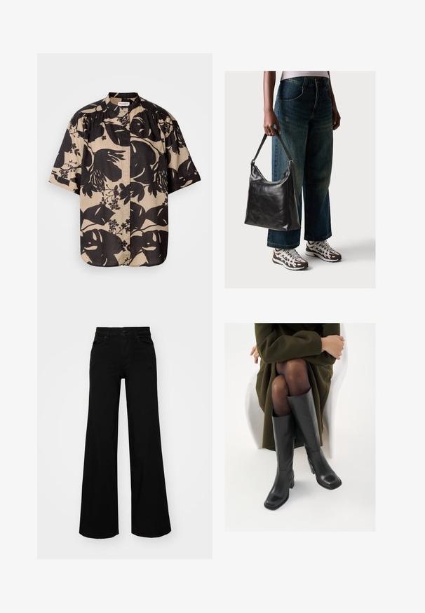 Camicia a maniche corte beige con grande motivo floreale nero, caratterizzata da un colletto rialzato e dettagli plissettati sulle spalle.; Pantaloni neri a gamba larga in denim, con una vita strutturata, passanti per la cintura e tasche frontali. Texture liscia con un design classico.; Stivali neri in pelle alti fino al ginocchio con punta squadrata e tacco a blocco, mostrati con un modello seduto in un cappotto verde oliva. Texture liscia, dettagli minimi.; Borsa a tracolla nera in pelle con una texture liscia e tracolla regolabile, abbinata a jeans ampi sbiaditi e sneakers sportive.
