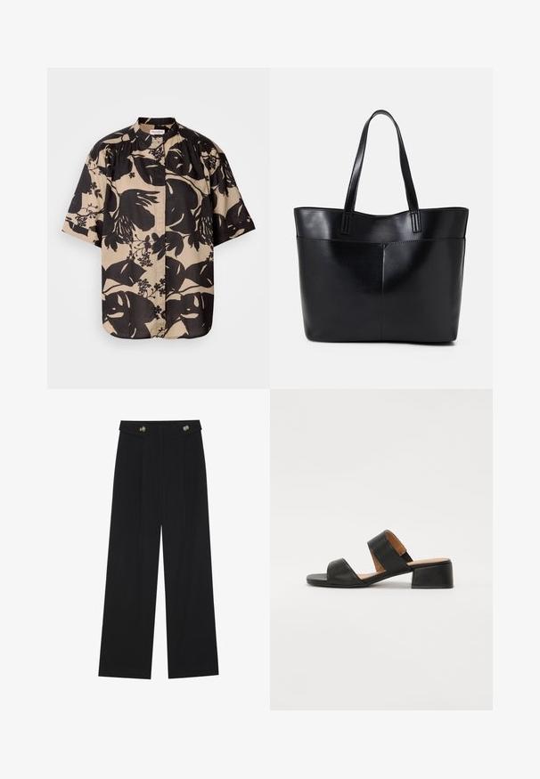 Kortermet skjorte i beige med stort svart blomsterdesign, med stående krage og plisserte detaljer på skuldrene.; Svart vide bukser med høy midje, knappdetaljer på midjebåndet og frontplisser.; Sorte lær sandaler med to brede stropper over foten, firkantet tå og lav blokkhæl. Glatt tekstur og minimalistisk design.; Svart lær toteveske med to lange håndtak, en glatt tekstur og en strukturert form. Har en frontlomme for ekstra oppbevaring.