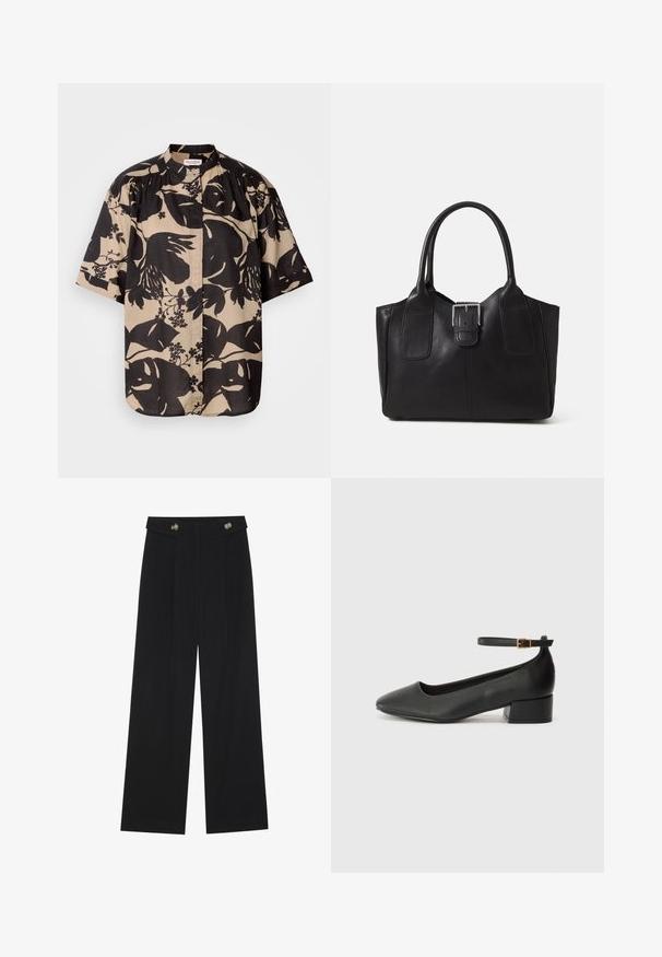 Koszula z krótkim rękawem w odcieniu beżowym z dużym czarnym wzorem kwiatowym, z kołnierzem stojącym i plisowaniem na ramionach.; Czarne szerokie spodnie z wysokim stanem, z detalami w postaci guzików na pasku oraz plisami z przodu.; Czarne skórzane szpilki z ostrym noskiem i niskim słupkowym obcasem. Wyposażone w pasek na kostkę z złotym zapięciem. Gładka tekstura.; Czarna skórzana torba tote o gładkiej fakturze, usztywnionym kształcie, dwóch uchwytach oraz wyraźnym srebrnym zapięciu na przodzie.