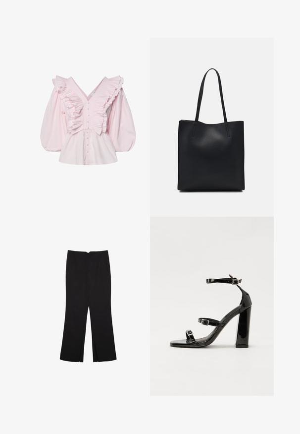 Ružová bavlnená blúzka s hlbokým V-výstrihom, riasením pozdĺž tela a objemnými nafúknutými rukávmi so zapínaním na gombík.; Čierne nohavice so strihom rovného strihu, s prednými vreckami a bočnými rozparkami na leme. Vyrobené z mäkkej, hladkej tkaniny. Vhodné na rôzne príležitosti.; Čierne lakované sandále na podpätku so štvorcovou špičkou, navlečenými remienkami okolo členku a striebornými prackami. Disponujú masívnym blokovým podpätkom pre stabilitu.; Čierna kožená taška na rameno s hladkým povrchom, obdĺžnikovým tvarom a dvoma dlhými uchami. Bez viditeľného kovania alebo ozdôb.