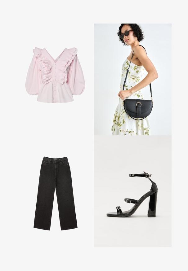 Rosa Baumwollbluse mit tiefem V-Ausschnitt, gerüschtem Detail entlang des Oberkörpers und voluminösen Puffärmeln mit Knopfschluss.; Schwarze weit geschnittene Jeans aus Denim, mit kleinen gepunkteten Mustern, klassischem Fünf-Taschen-Design und einem Knopf- und Reißverschluss.; Schwarze patentierte Sandalen mit Absatz, quadratischer Spitze, Knöchelriemen und silbernen Schnallen. Mit einem stabilen Blockabsatz für mehr Stabilität.; Schwarze Lederhandtasche mit geschwungener Form, abnehmbarem Tragegurt und goldenen Beschlägen. Die Tasche verfügt über einen Deckel mit einer Schnallen-Details.