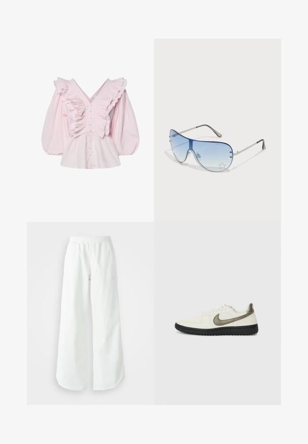 Pink cotton blouse featuring a deep V-neck, ruffled detailing along the bodice, and voluminous puffed sleeves with button closure.; White wide-leg athletic pants with a ribbed waistband and subtle logo detail. Smooth fabric with a relaxed fit and tapered hem.; Nike Sportswear FIELD GENERAL - Trainers - off-white/black; Aviator sunglasses featuring a gradient blue lens, silver metal frame, and decorative star accents on the lens. Smooth and sleek design.