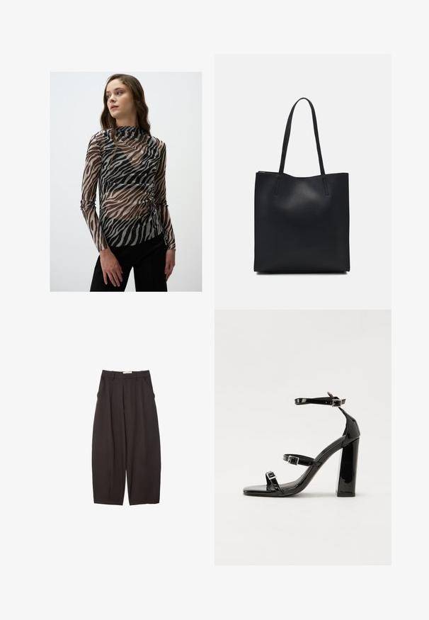 Top trasparente a maniche lunghe con motivo a zebra in tonalità di nero e marrone, con sottili accenti luminosi e colletto alto.; Pantaloni neri a gamba larga realizzati in un tessuto morbido, con vita alta, pieghe frontali e tasche laterali. Design semplice senza decorazioni.; Sandali con tacco in vernice nera, con punta squadrata, cinturini alla caviglia e fibbie in argento. Presentano un tacco a blocco spesso per maggiore stabilità.; Borsa tote in pelle nera con texture liscia, forma rettangolare e due manici lunghi. Nessun hardware o decorazione visibile.