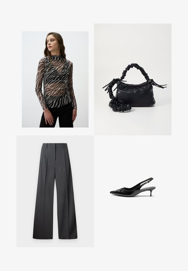 Haut léger à manches longues avec un motif zèbre dans des tons de noir et de marron, avec des accents scintillants subtils et un col haut.; Pantalons à jambes larges en tissu gris foncé, avec une taille haute, des plis simples et une texture lisse avec une finition soignée aux ourlets.; Escarpins slingback en cuir noir avec bout pointu, petit talon kitten et détail froncé sur le cou-de-pied. Texture lisse et design minimaliste.; Sac à main en simili cuir noir avec une texture crocodile, un dessus resserré et une sangle froncée. A l'apparence douce et compacte.