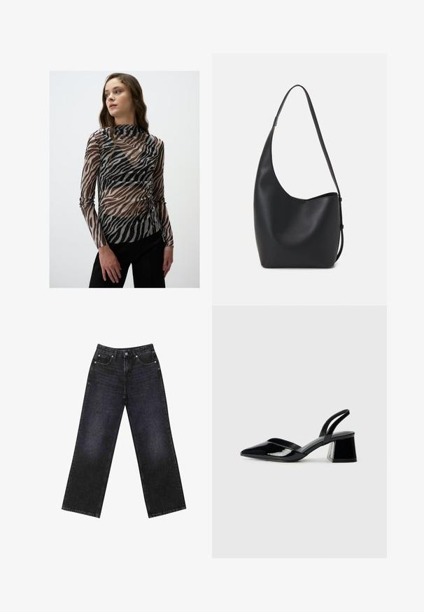 Przezroczysta bluzka z długim rękawem w zebrę w czarnych i brązowych odcieniach, z subtelnymi błyszczącymi akcentami i wysokim dekoldem.; Czarne dżinsy z wysokim stanem i szerokimi nogawkami, pięciokieszeniowy design oraz widoczne szwy. Materiał ma gładkie, lekko teksturowane wykończenie.; Czarne lakierowane półbuty na obcasie z wydłużonym noskiem i geometrycznym słupkiem. Charakteryzują się eleganckim, minimalistycznym designem oraz gładką fakturą.; Czarna skórzana torba hobo o gładkiej fakturze, zaokrąglonym kształcie i pojedynczym, regulowanym pasku; posiada szerokie otwarcie na górze.